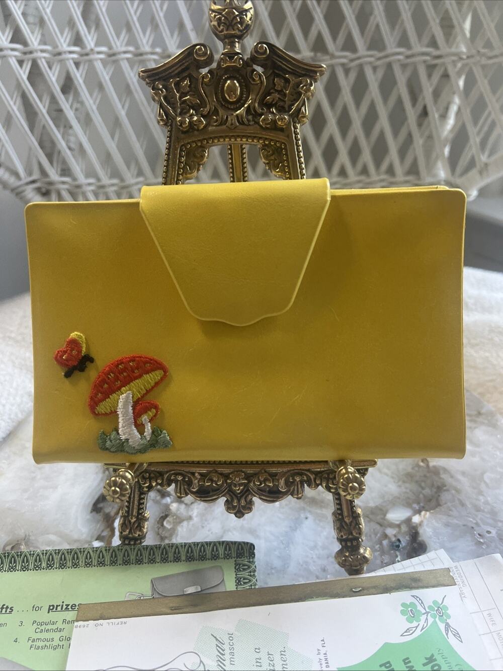 Vintage 70s Mascot Lady Department Checkbook Wallet Organizer Yellow w/ Inserts
